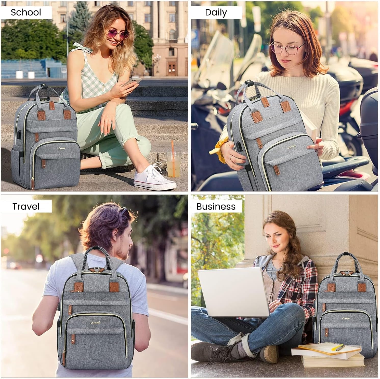 Laptop Backpack for Women & Men, Unisex Travel Anti-Theft Work Business Computer College Bag Purse, Casual Hiking Outdoor Carry on Daypack with Lock, Fits 15.6 Inch Laptop, Grey