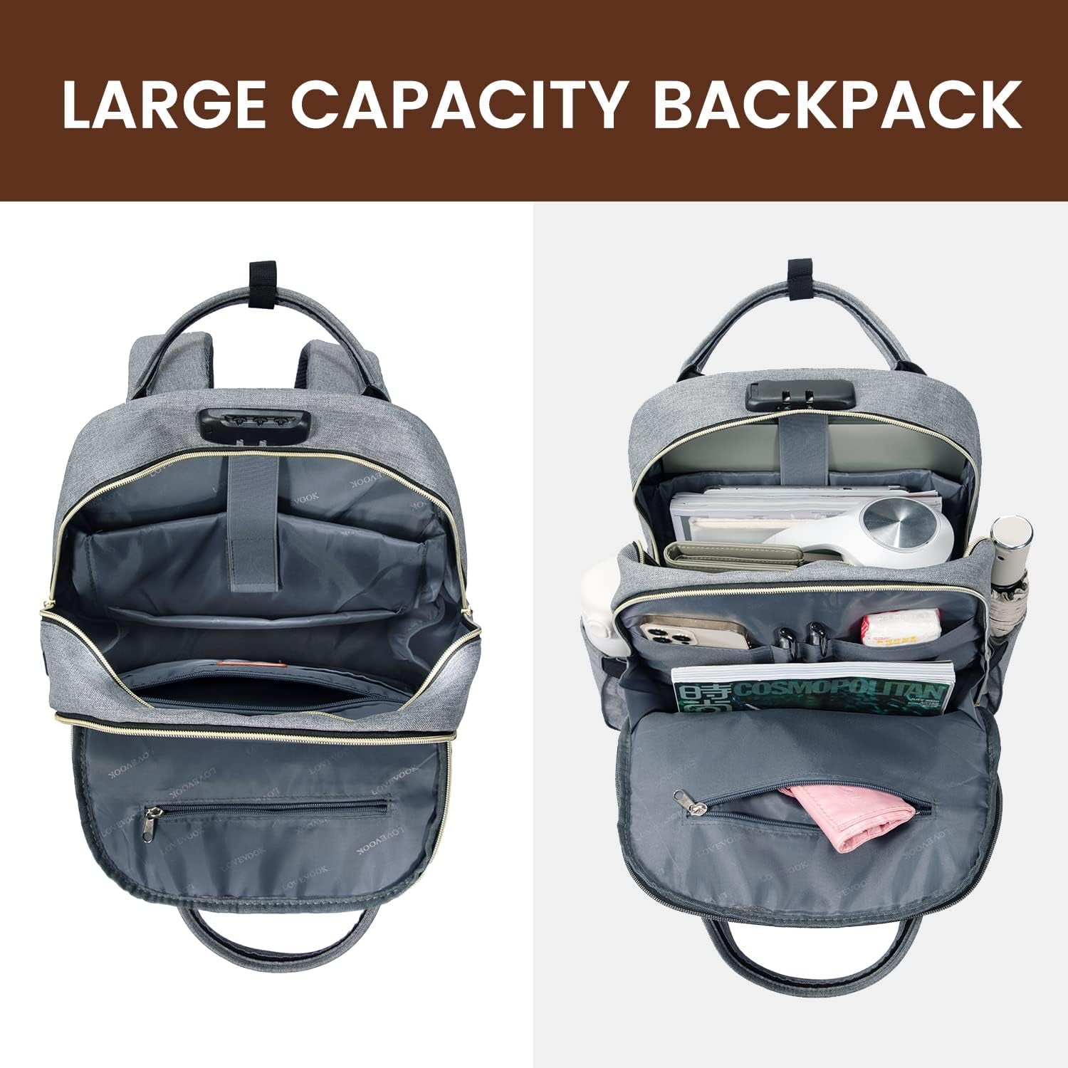 Laptop Backpack for Women & Men, Unisex Travel Anti-Theft Work Business Computer College Bag Purse, Casual Hiking Outdoor Carry on Daypack with Lock, Fits 15.6 Inch Laptop, Grey